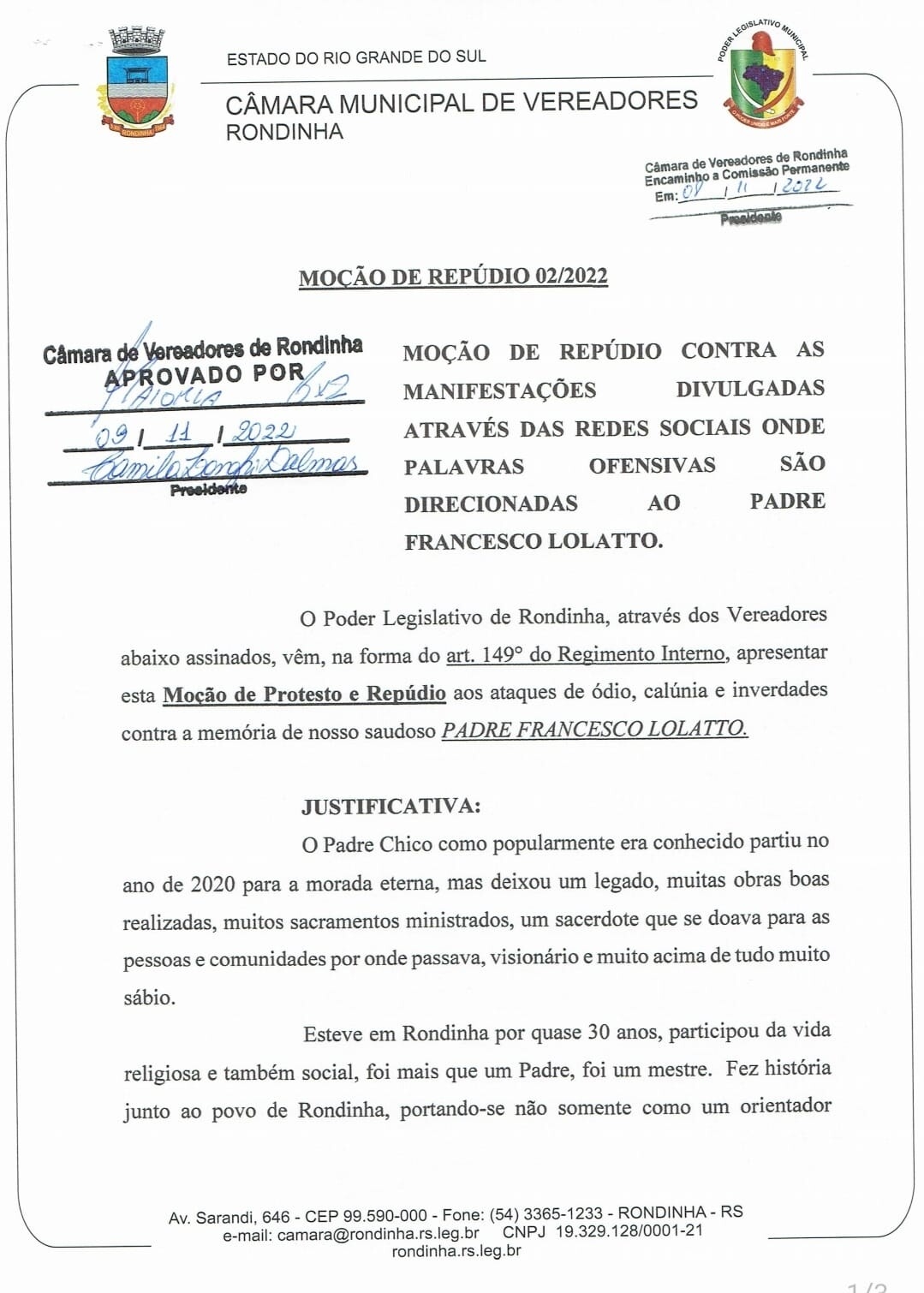 Poder Legislativo Municipal de Rondinha aprova moção de repúdio